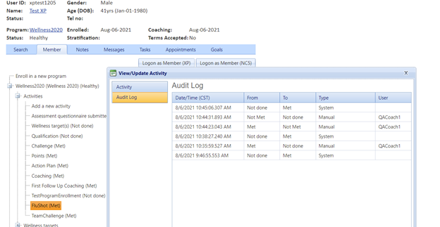 ConXus Direct health coaching application qualifying activities audit log