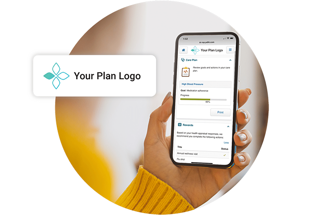 Screenshot of the ConXus Platform on a mobile phone showing a custom health plan logo
