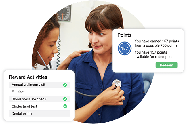 Women getting a checkup with platform screenshots showing her earning reward points and a to-do check list of healthy activities