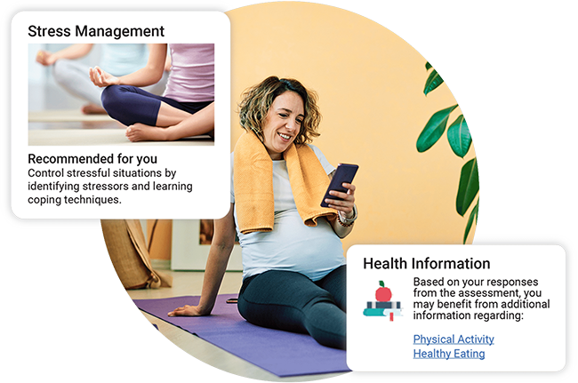 Pregnant women doing yoga looking at her phone showing a recommended self-management topic and her wellness score