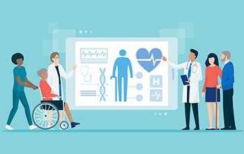 Illustration of a group of people looking at a patient's record on an ipad