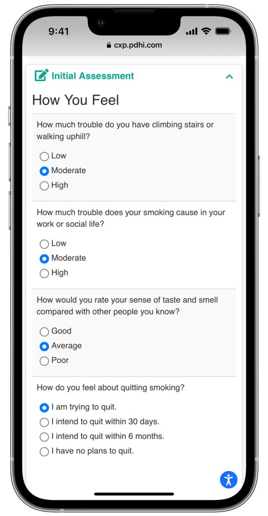 Screenshot of ConXus Quit Smoking Action Plan initial assessment