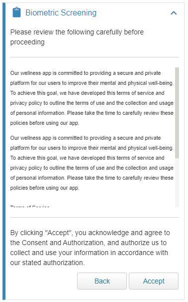 Biometric Screening widget showing consent and authorization