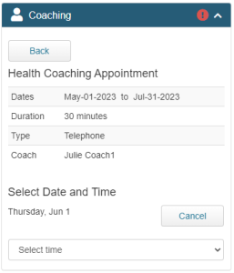 ConXus Health Coaching widget screenshot displaying scheduling of an appointment