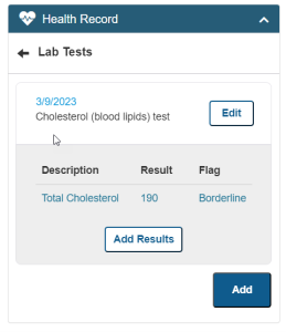 Health Record Widget displaying lab test results for total cholesterol